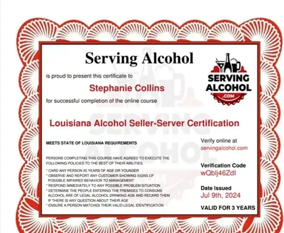 Louisiana alcohol seller-server certification issued to Stephanie Collins